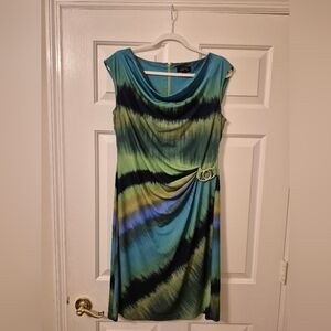 Tahari Blue and Green Colorful Midi Dress